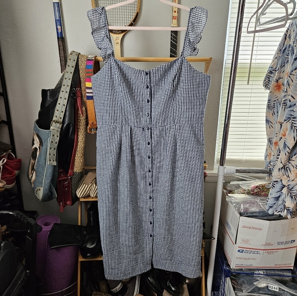 Gal Meets Glam Blue White Carly Gingham Plaid Ruffle Sheath Dress 20 - Picture 2 of 10